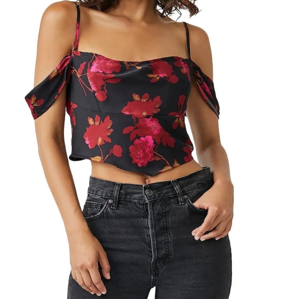FREE PEOPLE WOMENS CASSANDRA SATIN COLD SHOULDER BLOUSE CROPPED TOP MEDIUM